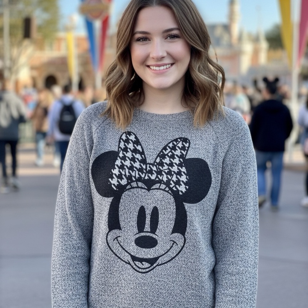 Disney Parks Women's Gray Sweater with Houndstooth Minnie Mouse